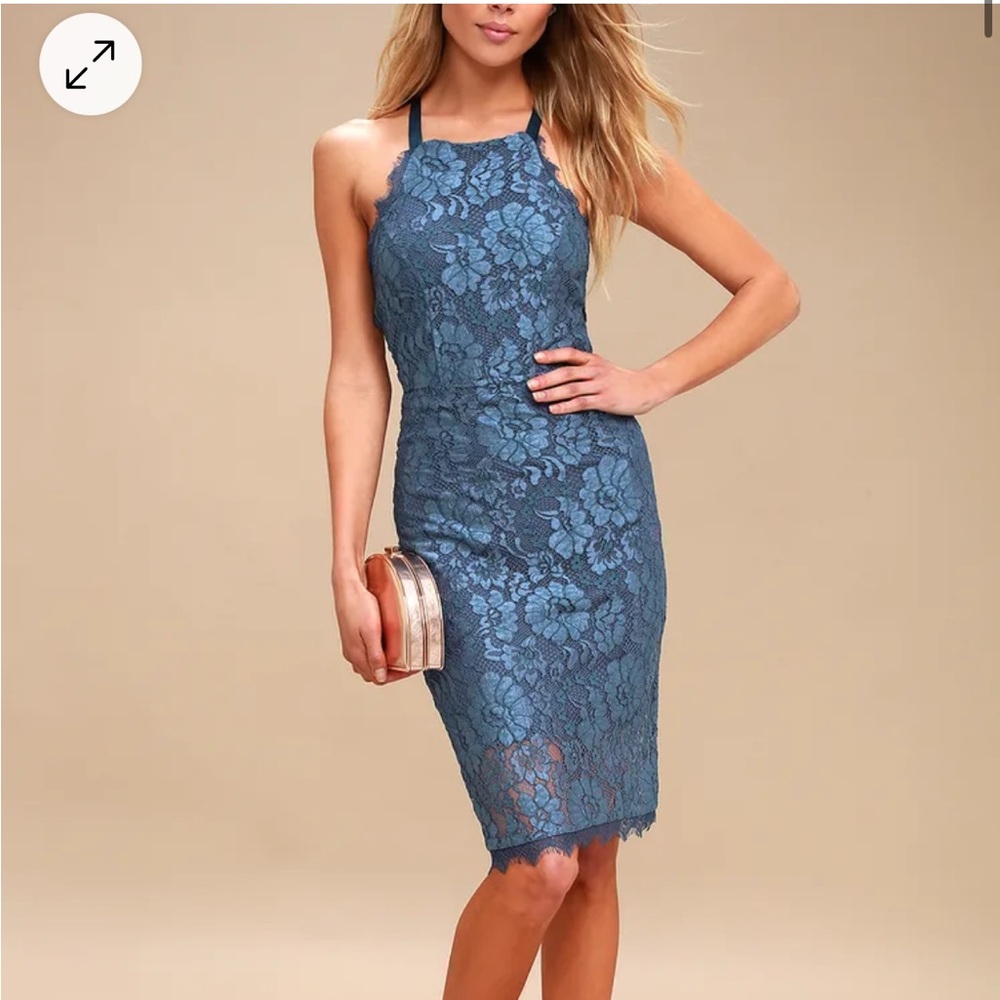Lulu’s Wishful Wanderings Blue Lace Bodycon Midi Dress